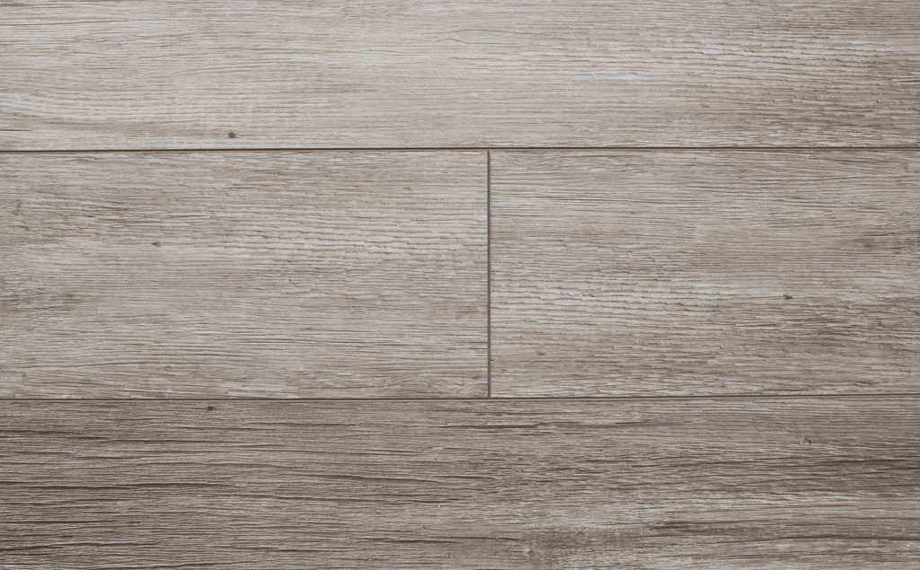 Gray wood-look flooring, horizontal planks with visible grain and subtle color variations.