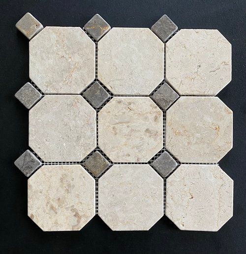 Beige and gray octagonal and square mosaic tile pattern.
