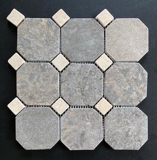 Gray and cream octagonal tile mosaic pattern.