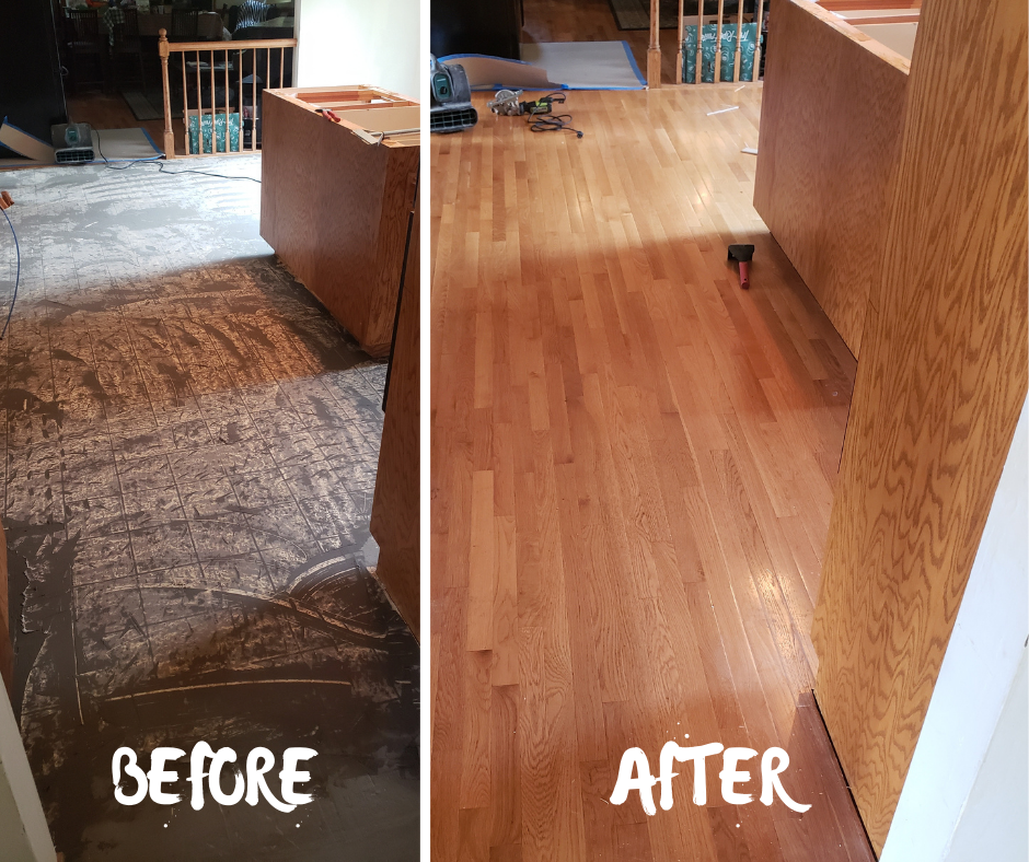 Before and after of hardwood floor refinishing. Left: floor scraped and dirty. Right: shiny, finished floor.