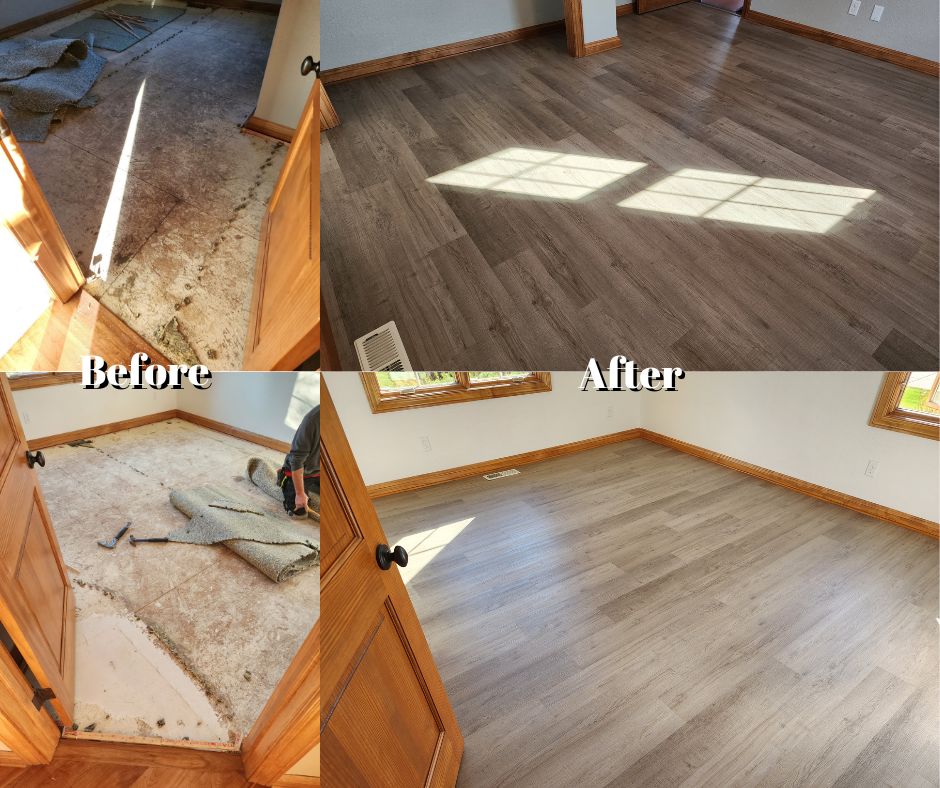 Before and after images of room with new wood-look flooring. Old carpet replaced, walls and trim cleaned.