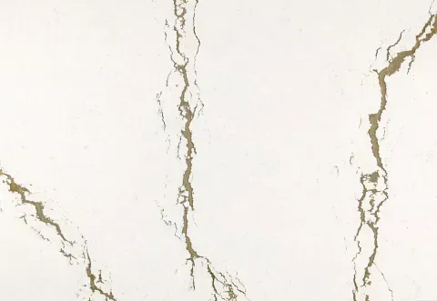 White surface with gold veining resembling marble or quartz.