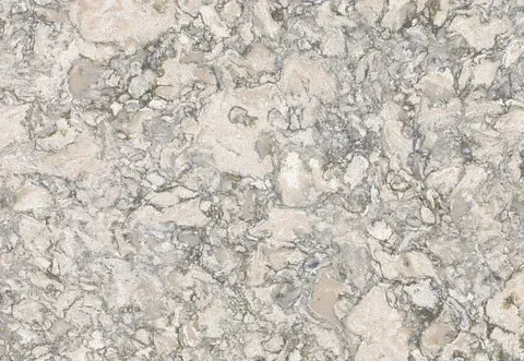Beige and gray quartz countertop with veining and mottled patterns.
