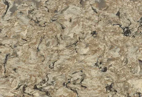 Beige and tan quartz countertop with dark veining.