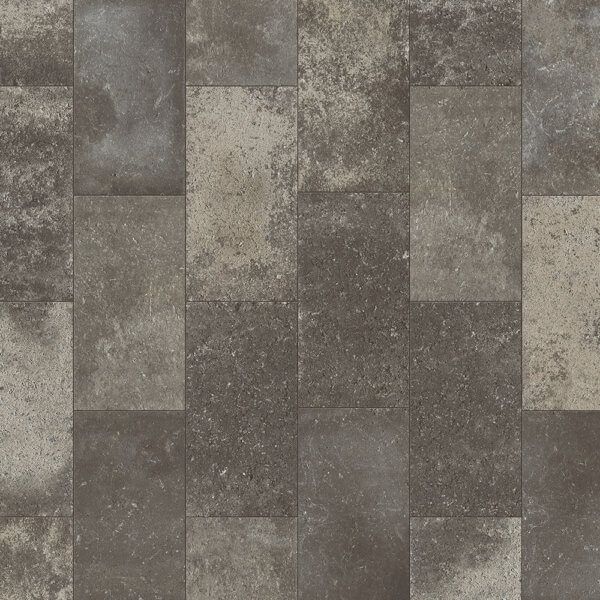 Dark gray and tan stone tile flooring with a textured, worn appearance.