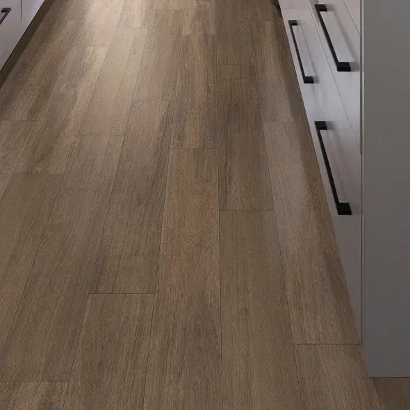 Light brown wood-look flooring, angled perspective. Cabinets with black handles on the right.