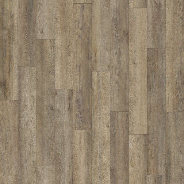 Wood grain flooring in shades of brown and gray, planks staggered.