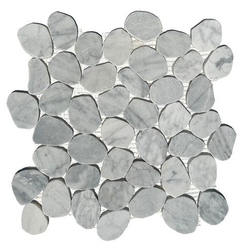 Gray and white pebble stone mosaic tile on a mesh backing.