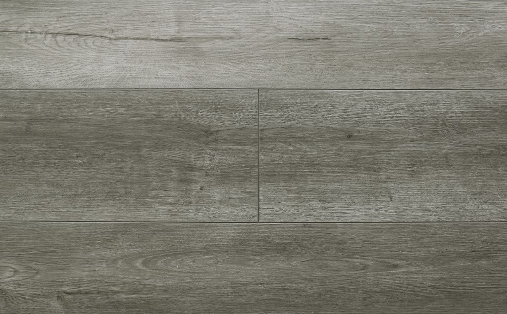 Gray wood-look flooring with a horizontal grain pattern.