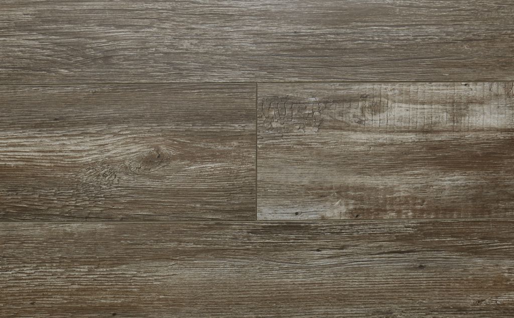 Wood-look flooring in shades of gray and brown, with a distressed appearance.