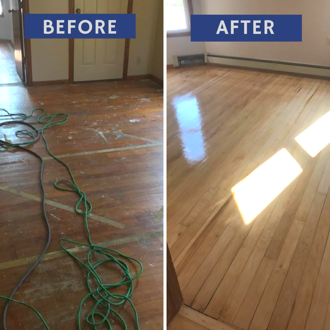 Before and after view of hardwood floors.  Old, worn floors on the left, refinished, shiny floors on the right.