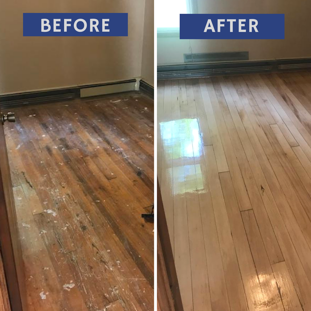 Before and after of wood floor restoration: dirty, worn planks become clean, shiny, and refinished.