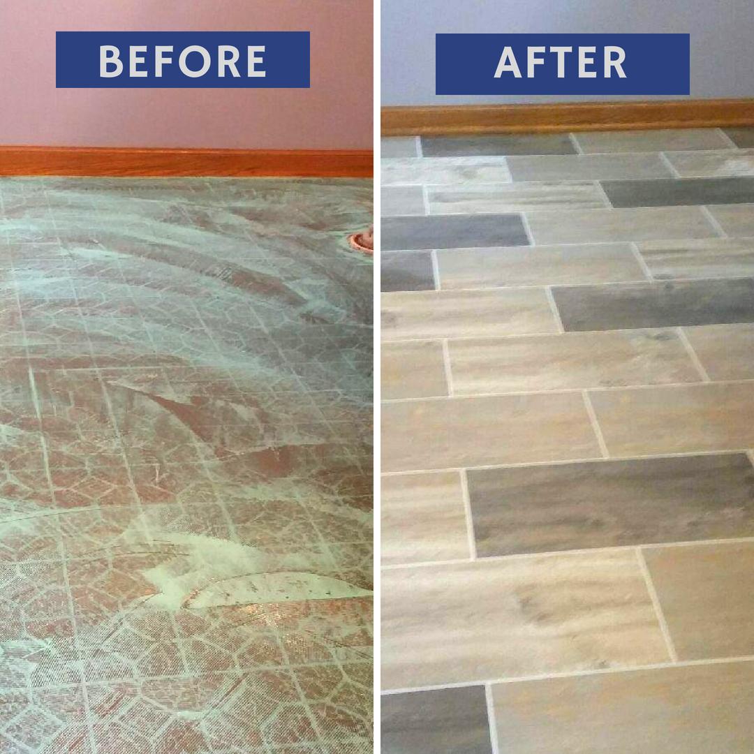 Before and after of floor renovation: old, dirty floor transformed into new tile.