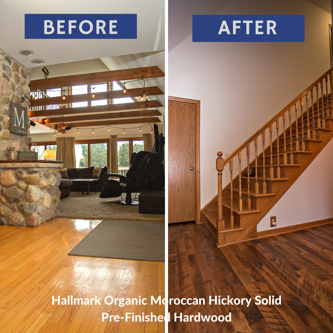 Before-and-after of a room renovation. Old room has wood floors, stone fireplace. Room with wooden stairs, dark wood floors.