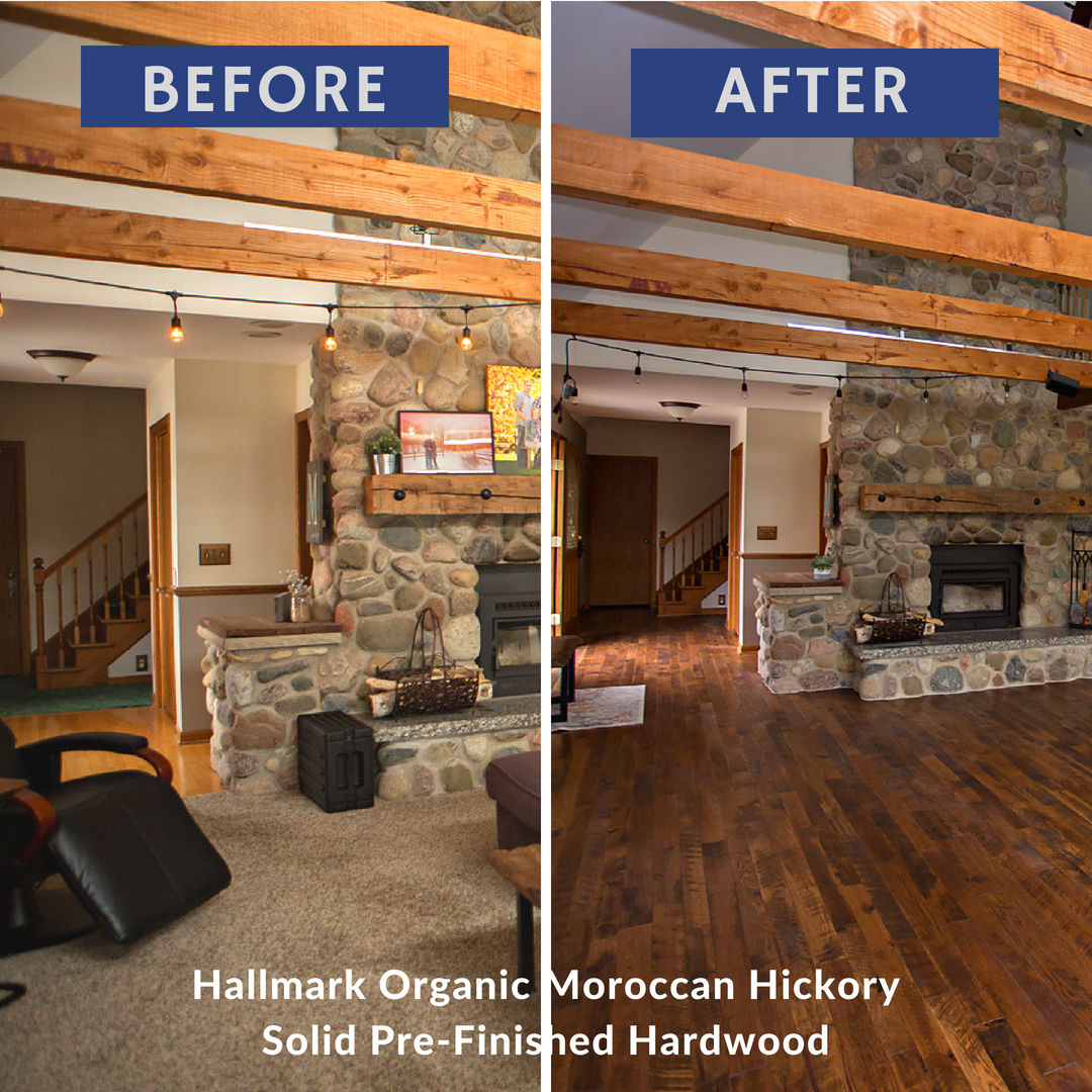 Comparison of a room before and after installing Hallmark Organic Moroccan Hickory hardwood. 