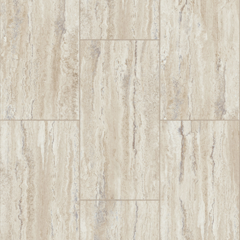 Beige and tan stone-look tile flooring with vertical veining pattern.