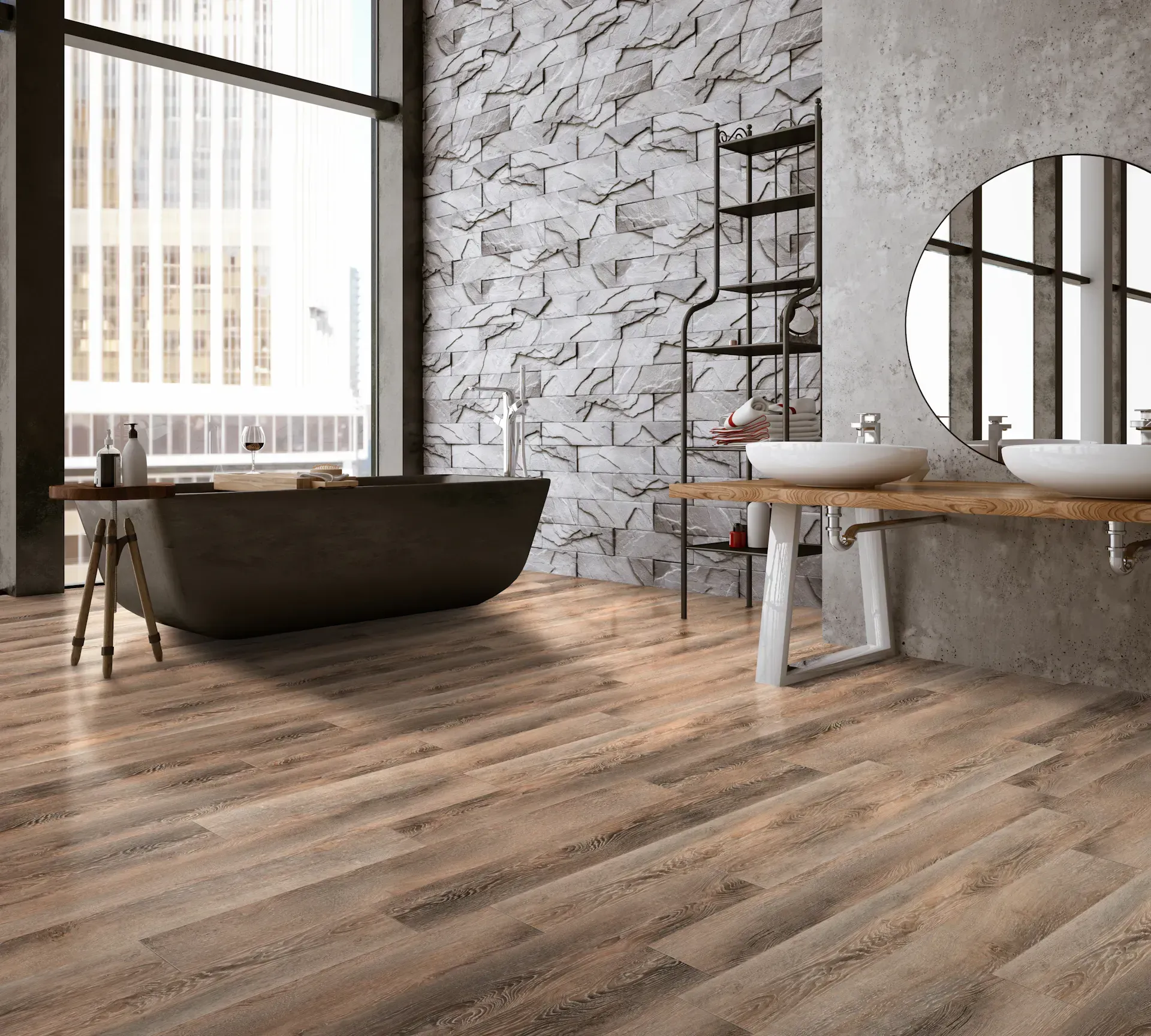 Bathroom with wood-look floor, soaking tub by window, double sink, and textured wall.