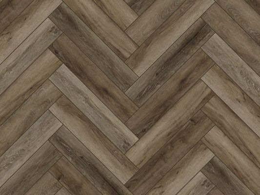 Herringbone patterned wood floor in shades of brown.