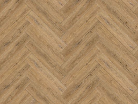 Herringbone pattern wood flooring in light brown.