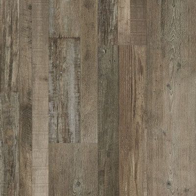 Wood-look flooring with varying shades of brown and gray; vertical planks with a weathered appearance.