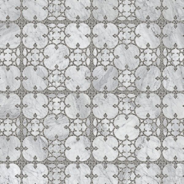 Marble tile floor with white and gray quatrefoil design.