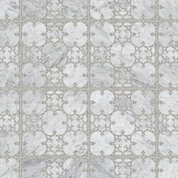 White and gray marble tile floor with intricate floral-like patterns.