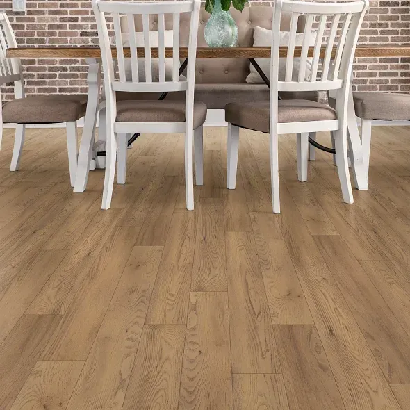 Wooden floor with a dining table and chairs in a room.