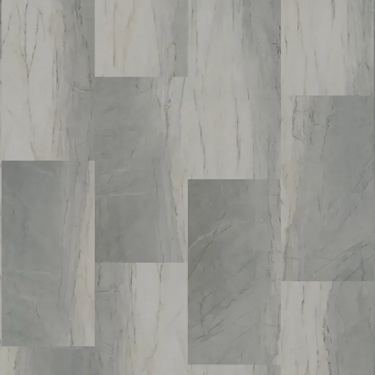 Gray marble-look flooring with rectangular tiles in various orientations.