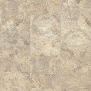 Neutral-toned stone tile flooring. Various shades of tan, beige, and gray, simulating a natural stone appearance.