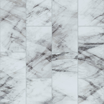 White marble tile with gray veining in a grid pattern.