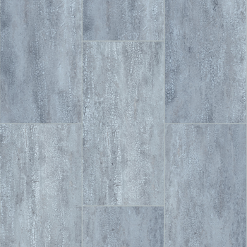 Blue-gray tile flooring with a mottled, textured appearance, in a grid pattern.