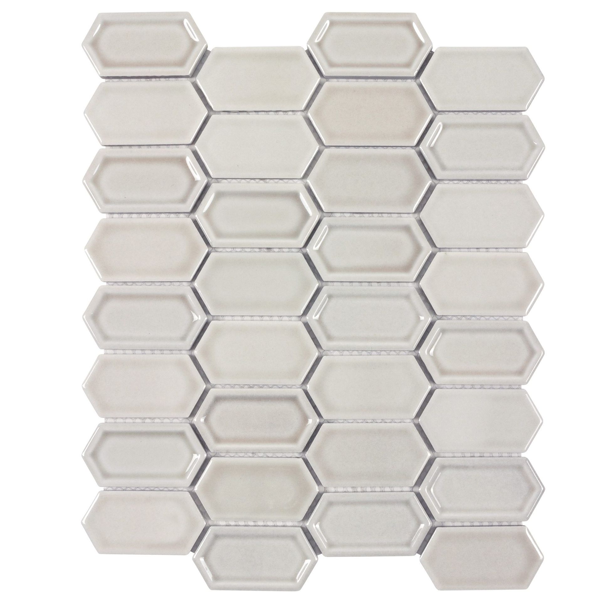 White and light beige hexagon mosaic tile.