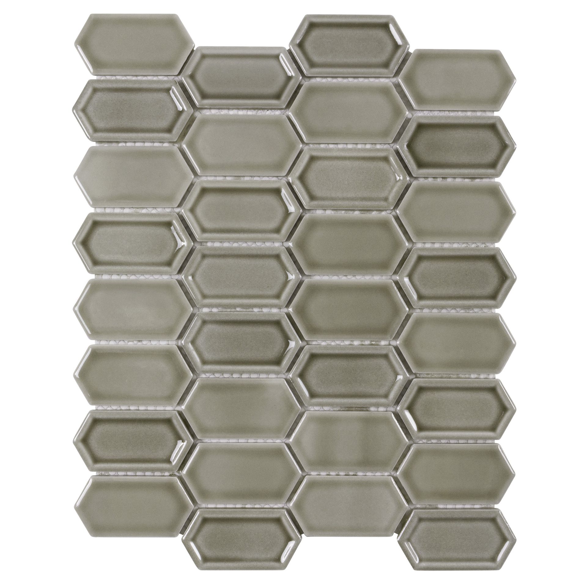 Gray elongated hexagon tiles in a mosaic pattern.