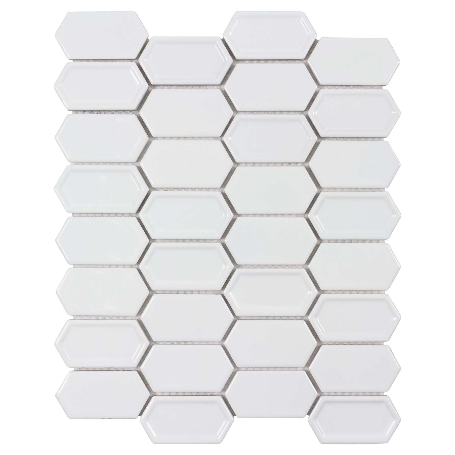 White elongated hexagon mosaic tile pattern.