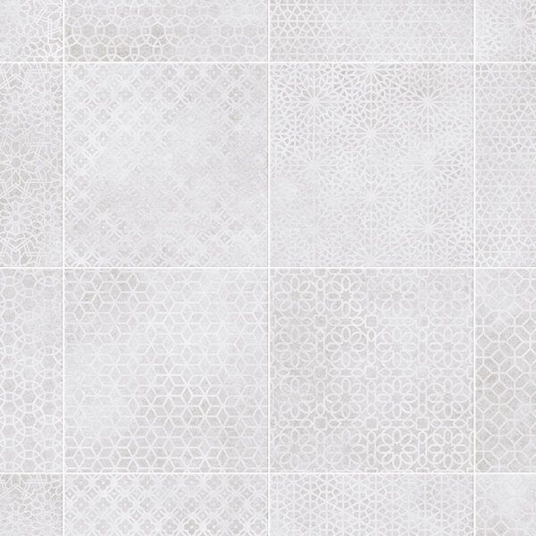 White patterned ceramic tile flooring.