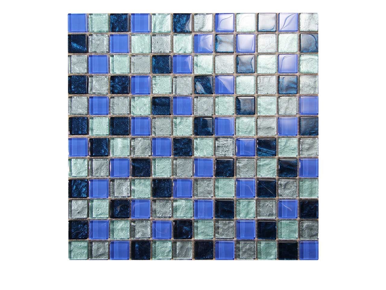 Blue, gray, and iridescent square mosaic tile pattern.