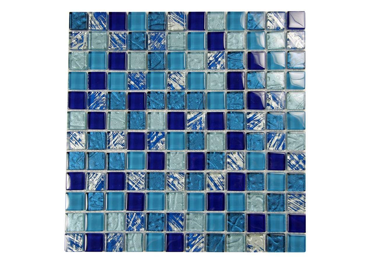 Blue and turquoise mosaic tile sheet with varying shades and textures.