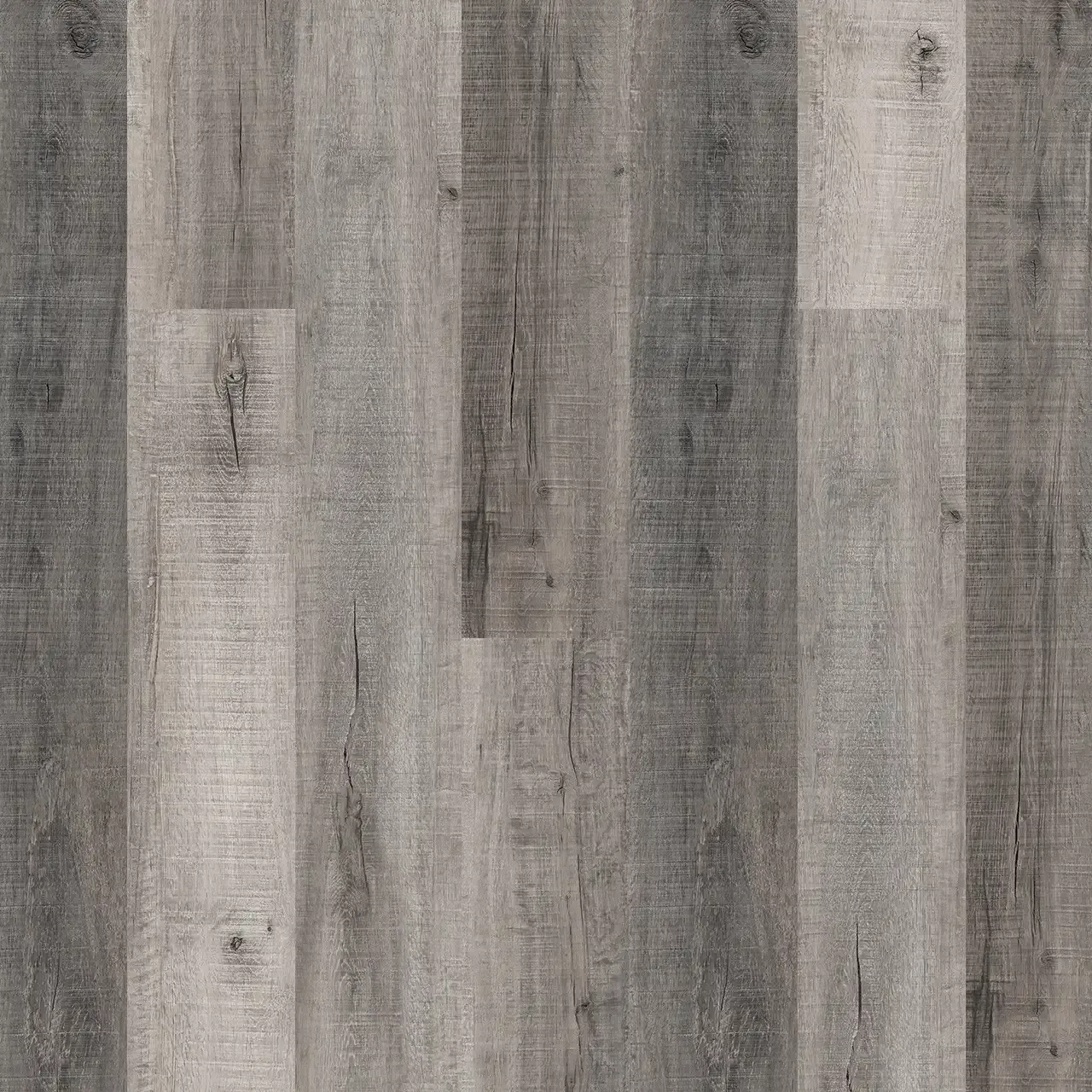 Gray wood-look flooring with vertical planks and natural grain patterns.