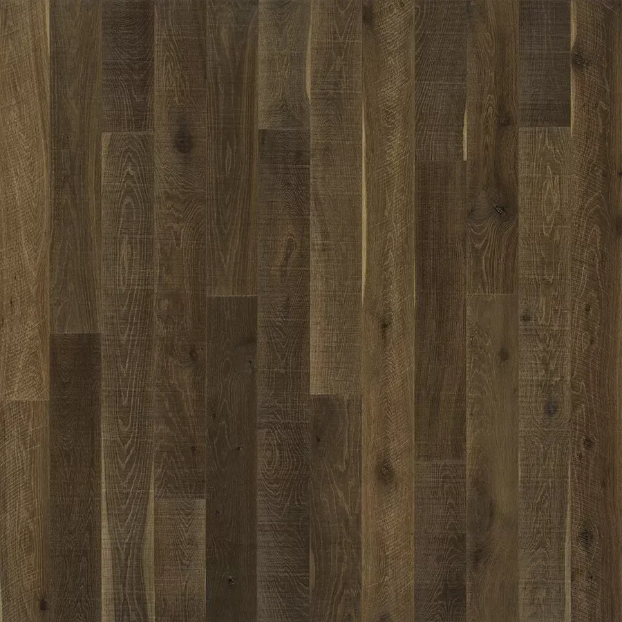 Dark brown wood flooring with vertical planks.