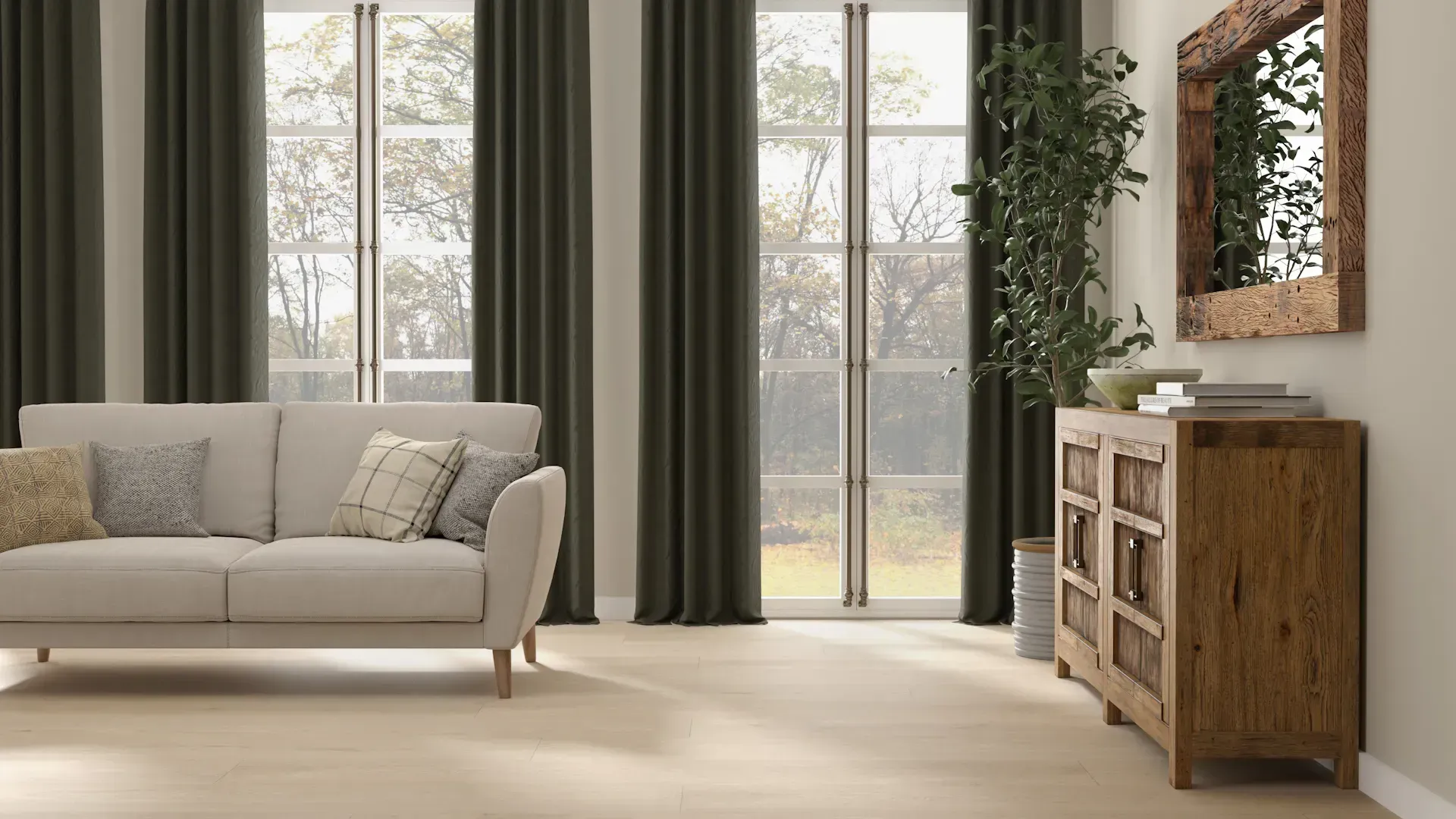 Living room with a cream sofa, wooden cabinet, green curtains, and a large window.