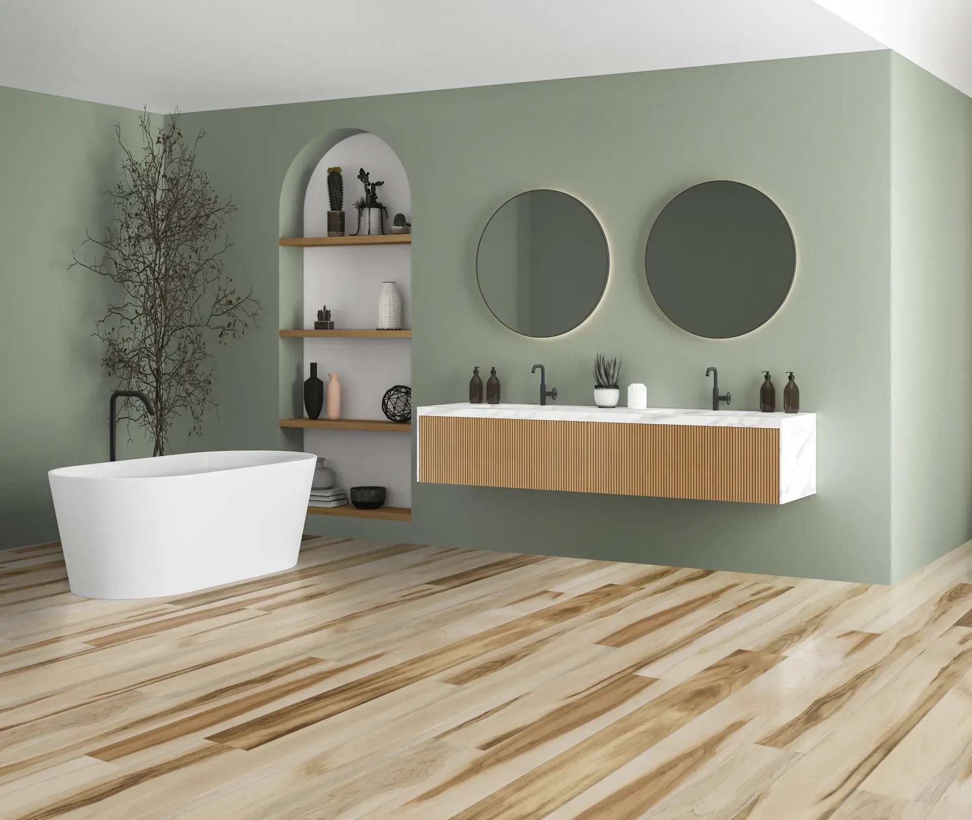 Modern bathroom with oval tub, wooden vanity, round mirrors, and arched shelf.