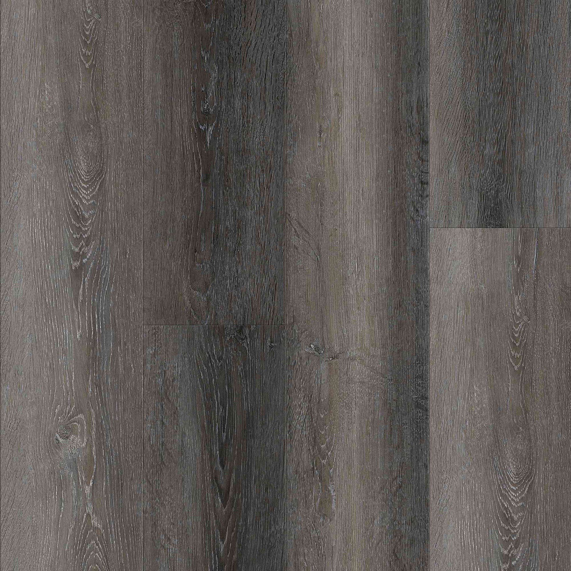 Dark gray wood grain flooring, with variations in color and texture.