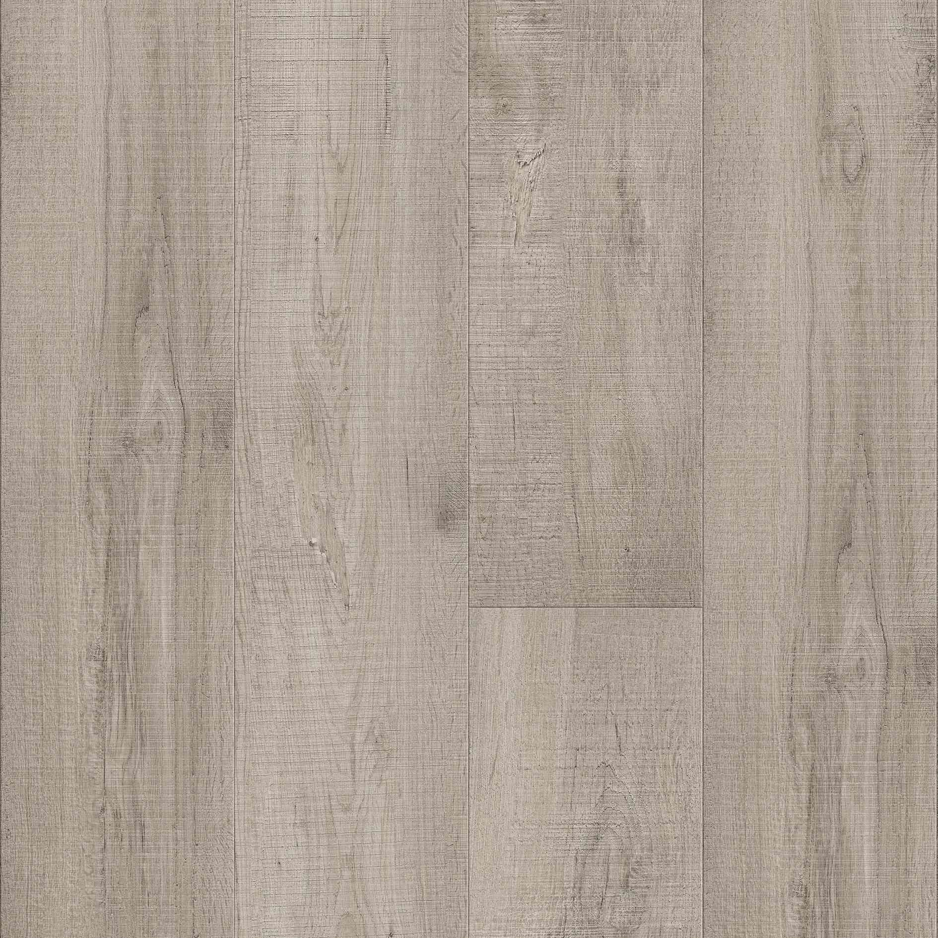 Wood-look flooring in light, weathered gray with vertical planks and visible grain.