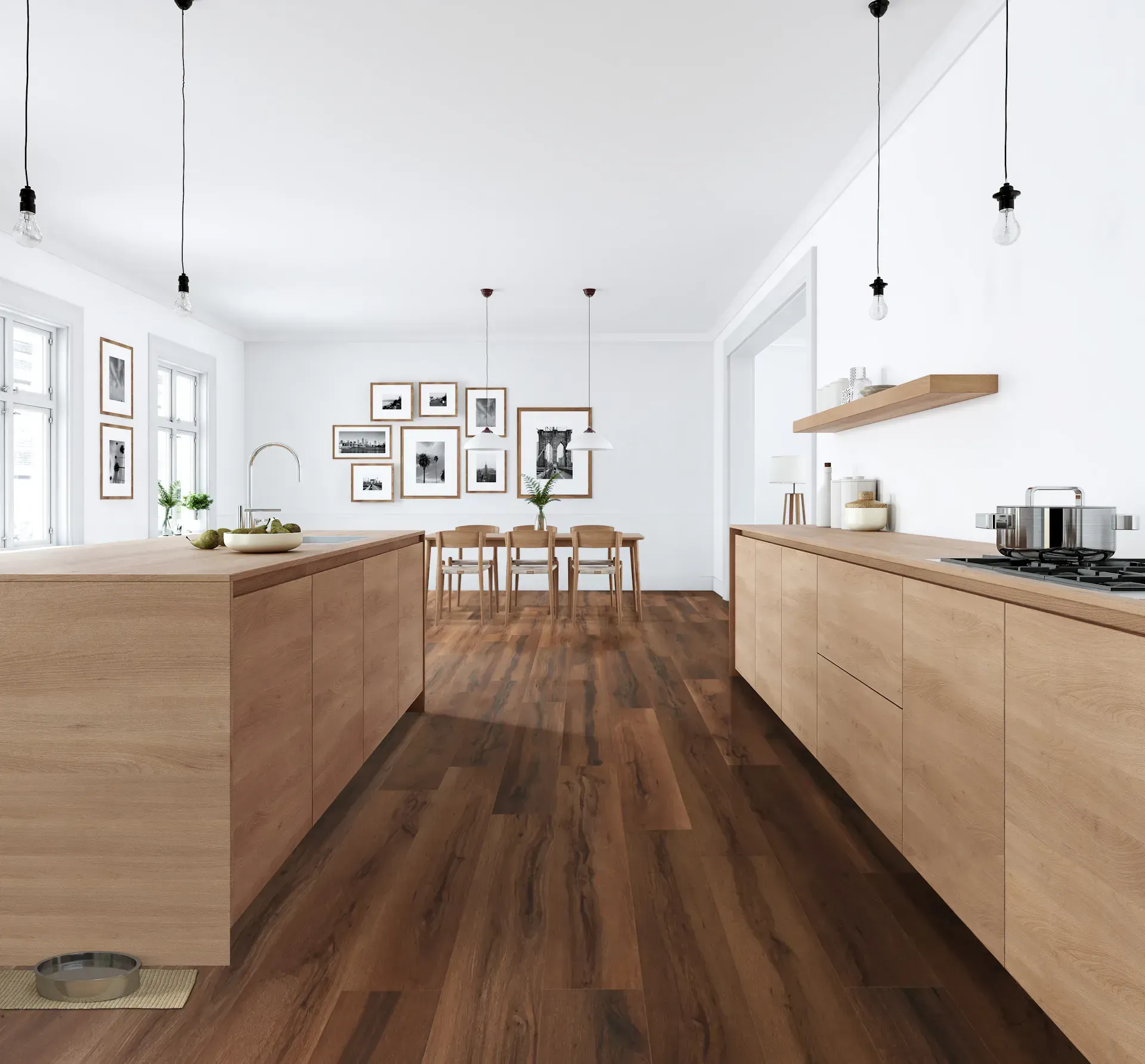 Modern kitchen with wood cabinets, dark wood floors, and white walls.