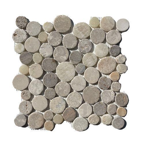Mosaic tile made of rounded, tan and gray stones arranged in a grid.