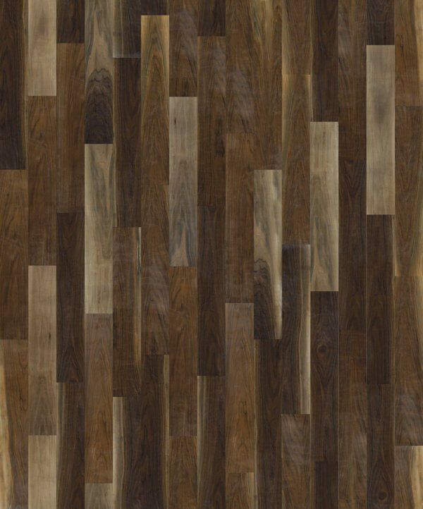 Vertical view of dark brown hardwood floor planks in varying shades.