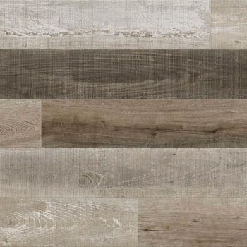 Wood-look floor with horizontal planks in shades of brown, gray, and beige.