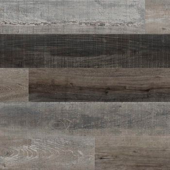 Wood-look flooring with planks in varying shades of gray and brown, mimicking a weathered appearance.