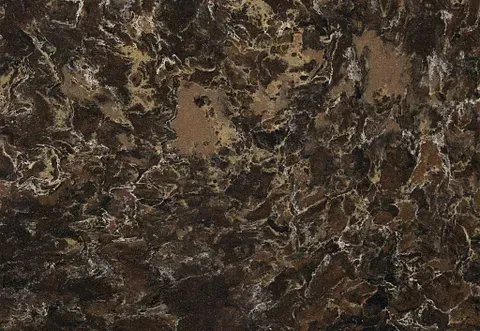 Dark brown and beige quartz countertop with swirling patterns and white veining.