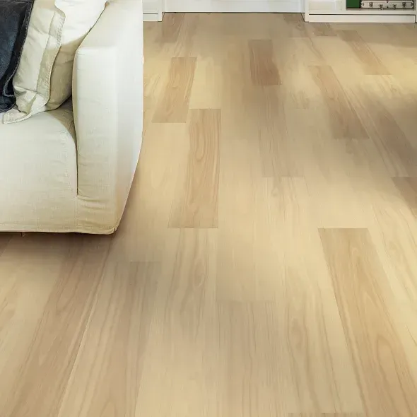 Light wood floor with a white sofa partially visible on the left.